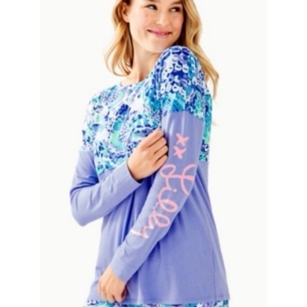Lilly Pulitzer Finn Turquoise Oasis Shell Me Top Long Sleeve Size L